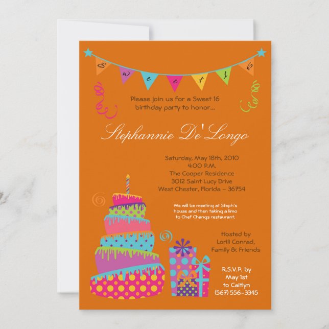 5x7 Topsey Turvy Cake Sweet 16 Birthday Invitation (Front)