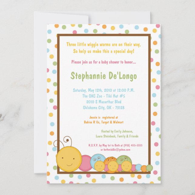 5x7 TRIPLE Caterpillar Worm Baby Shower Invitation (Front)