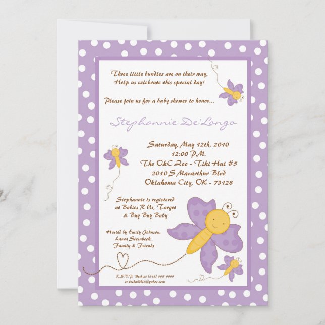 5x7 TRIPLET Purpl Butterfly Baby Shower Invitation (Front)