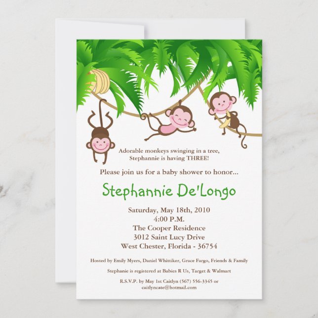 5x7 TRIPLETS Monkey Jungle Baby Shower Invitation (Front)