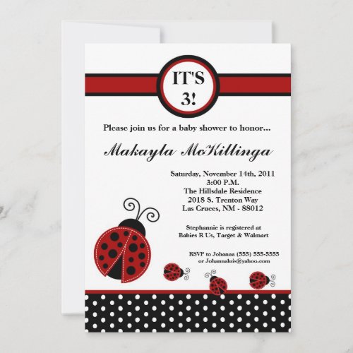 5x7 TRIPLETS Red Lady Bug Baby Shower Invitation