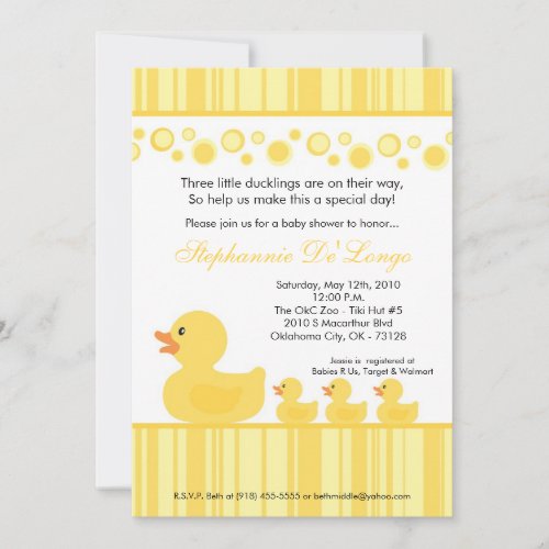 5x7 TRIPLETS Rubber Duck Baby Shower Invitation