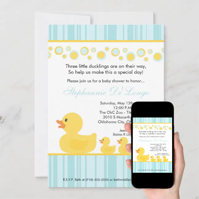 5x7 TRIPLETS Rubber Duck Baby Shower Invitation | Zazzle