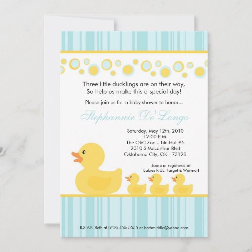 5x7 TRIPLETS Rubber Duck Baby Shower Invitation