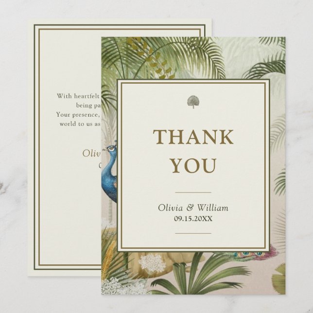 5x7 Tropical Peacock Palm Custom Message Wedding  Thank You Card (Front/Back)