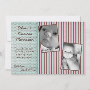 5x7 TWIN Blue Pink Stripe Photo Birth Announcement