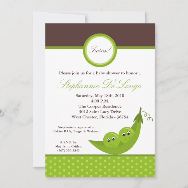 5x7 TWIN Boy Peas in Pod Baby Shower Invitation (Front)