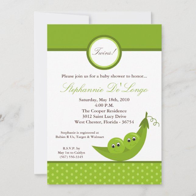 5x7 TWIN Boy Peas in Pod Baby Shower Invitation (Front)