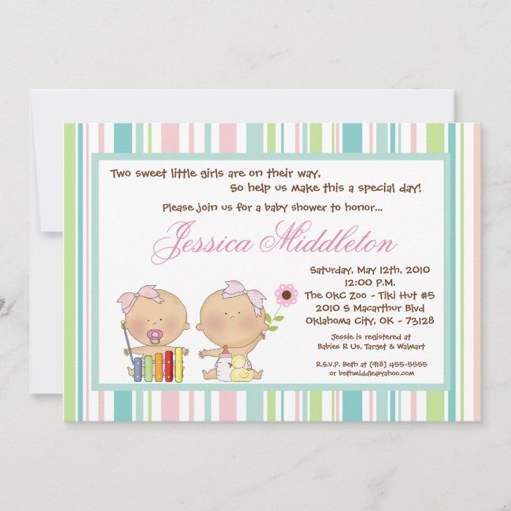 5x7 TWIN Girl Girls Girly Baby Shower Invitation Zazzle