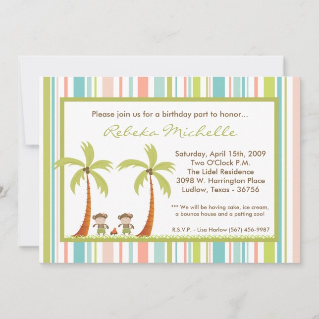 5x7 Twin Luau Monkey Birthday Party Invitation (Front)