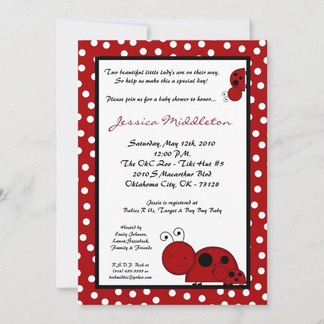 5x7 TWIN TWINS Red Lady Bug Baby Shower Invitation (Front)