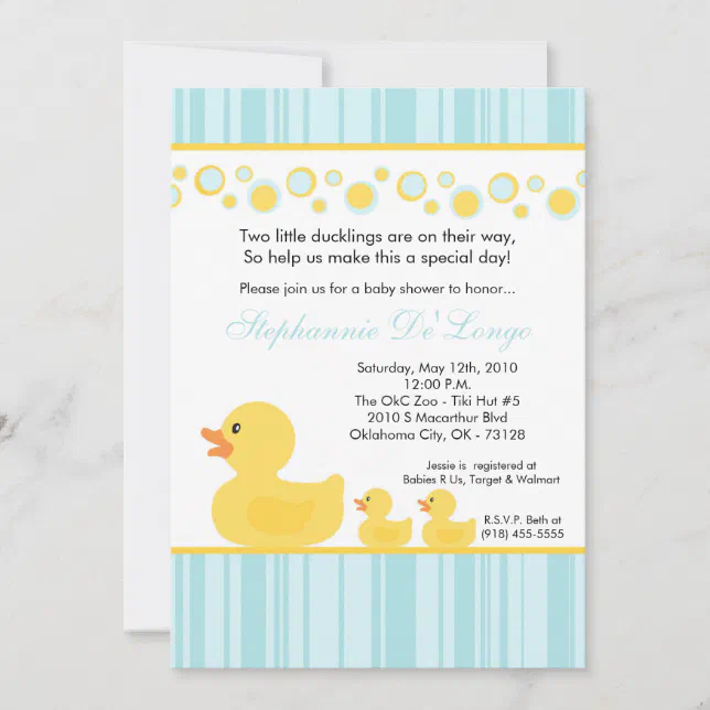 5x7 Twin Yellow Rubber Duck Baby Shower Invitation 