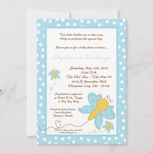 5x7 TWINS Blue Butterfly Baby Shower Invitation