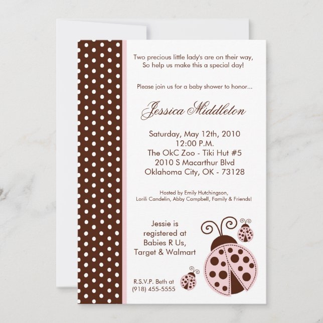 5x7 TWINS Lady Bug PolkaDot Baby Shower Invitation (Front)
