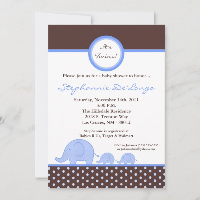 5x7 TWINS Mod Blue Elephant Baby Shower Invitation (Front)