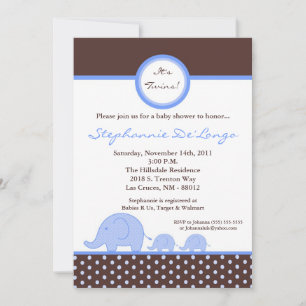 5x7 TWINS Mod Blue Elephant Baby Shower Invitation