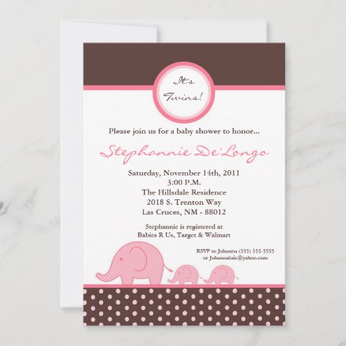 5x7 TWINS Mod Pink Elephant Baby Shower Invitation