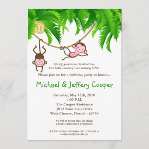 5x7 TWINS Monkey Jungle Birthday Party Invitation
