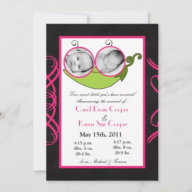 5x7  Twins Pea in a Pod  PHOTO Birth Announcement (Front)
