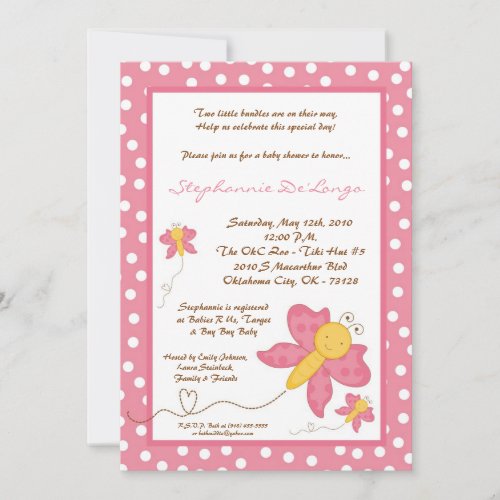 5x7 TWINS Pink Butterfly Baby Shower Invitation