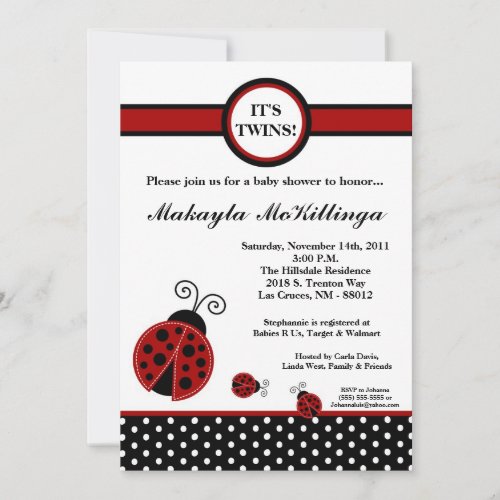 5x7 TWINS Red Lady Bug Baby Shower Invitation