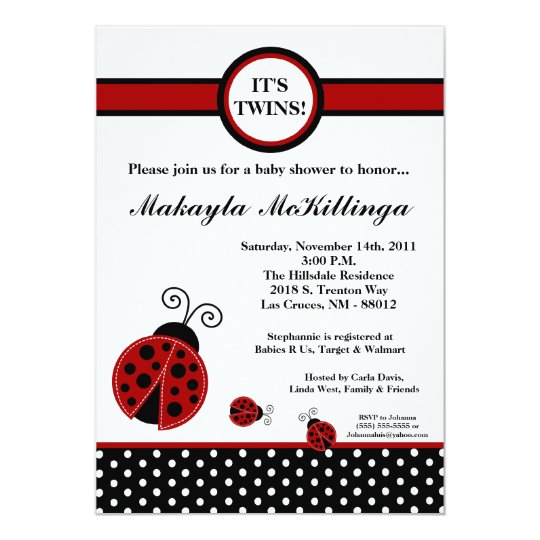 5x7 TWINS Red Lady Bug Baby Shower Invitation