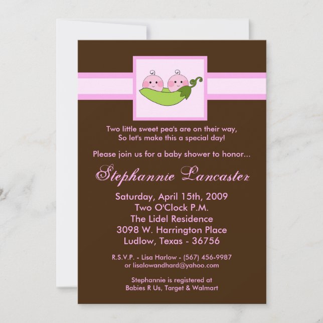 5x7 TWINS Sweet Pea in Pod Baby Shower Invitation (Front)