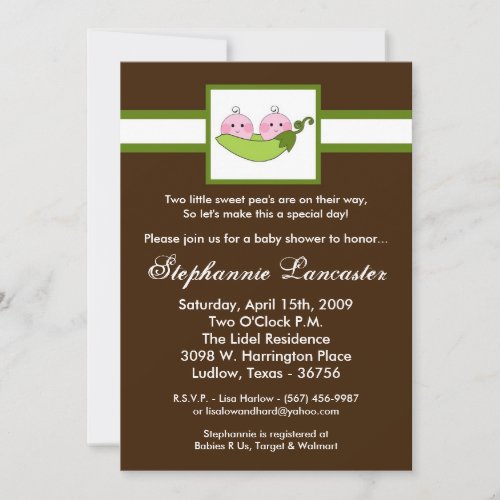 5x7 TWINS Sweet Pea in Pod Baby Shower Invitation