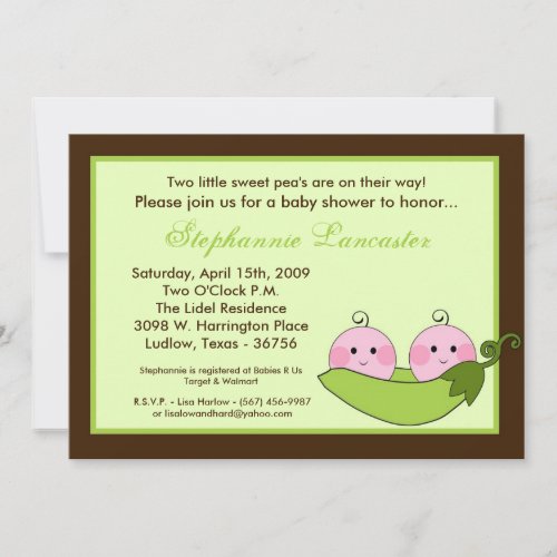 5x7 TWINS Sweet Pea in Pod Baby Shower Invitation