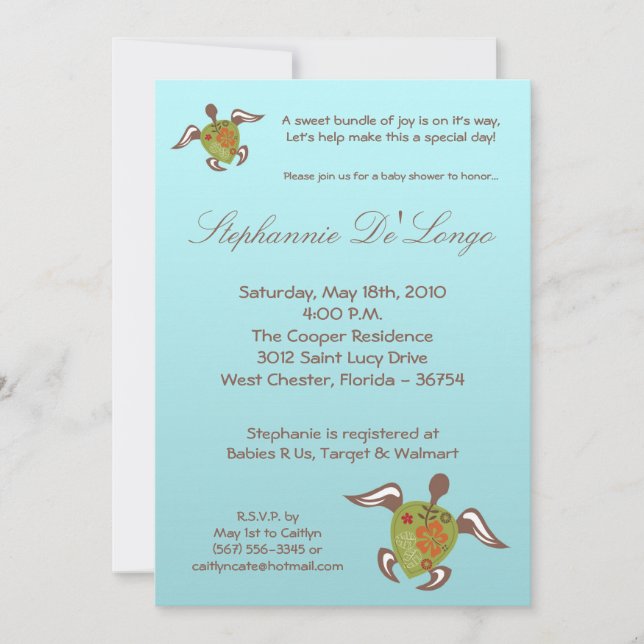 5x7 Under the Sea Turtle Baby Shower Invitation (Front)
