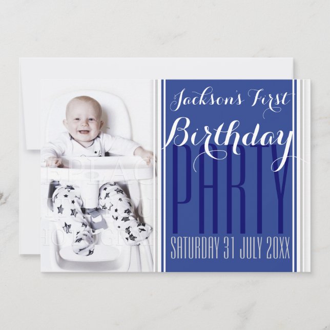 5x7 V Photo Baby Boy Birthday Party Invitation (Front)