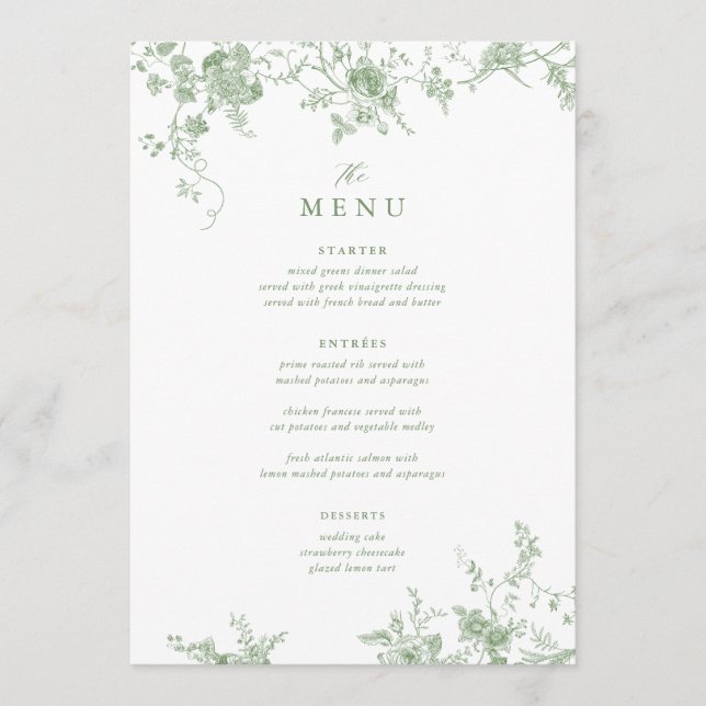 5x7" Victorian Green Floral Wedding Table Menu (Front)