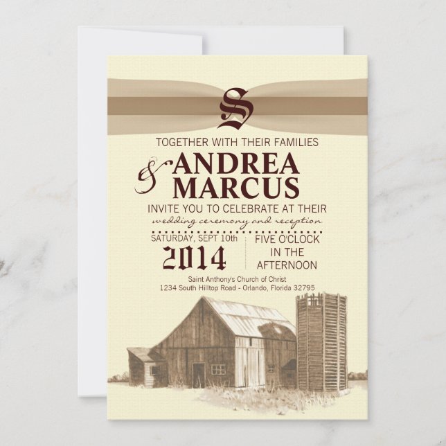 5x7 Vintage Country Barn Farm Wedding Invitation (Front)