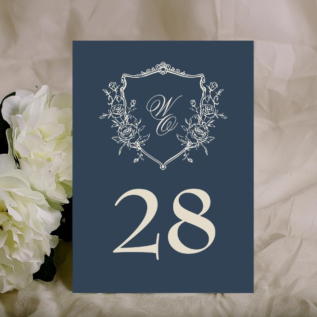 5x7 Vintage Crest Navy Cream Wedding Table Number (Creator Uploaded)