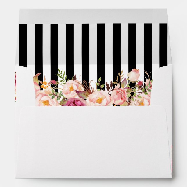 5x7 Vintage Floral Black White Stripes Wedding Envelope (Back (Bottom))