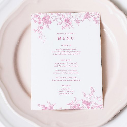 5x7 Vintage Pink Floral Wedding Table Menu Cards