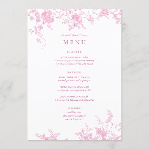 5x7 Vintage Pink Floral Wedding Table Menu Cards