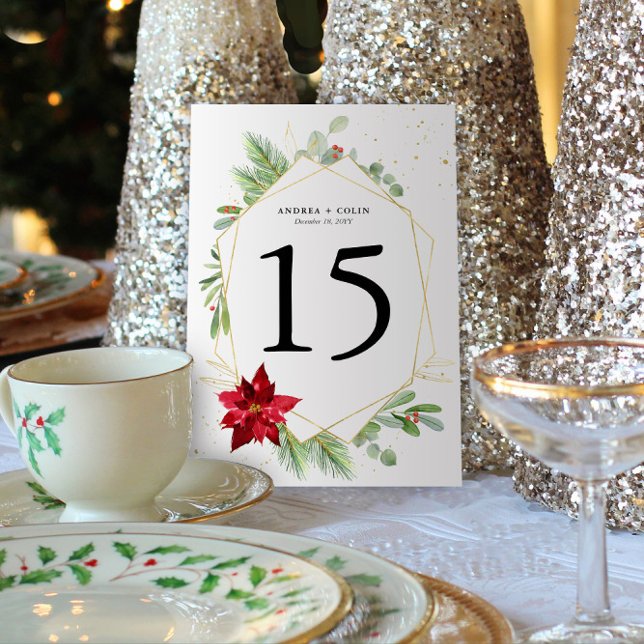 5x7 Watercolor Holiday Greenery Gold Table Number (Christmas Holiday Wedding Table Numbers with Holiday Greenery and Red Poinsettia (5x7))