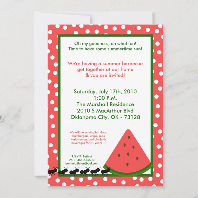 5x7 Watermelon Summer Picnic Barbecue Invitation (Front)