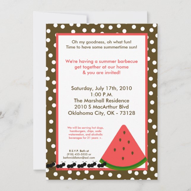 5x7 Watermelon Summer Picnic Barbecue Invitation (Front)
