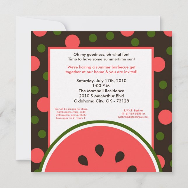 5x7 Watermelon Summer Picnic Barbecue Invitation (Front)