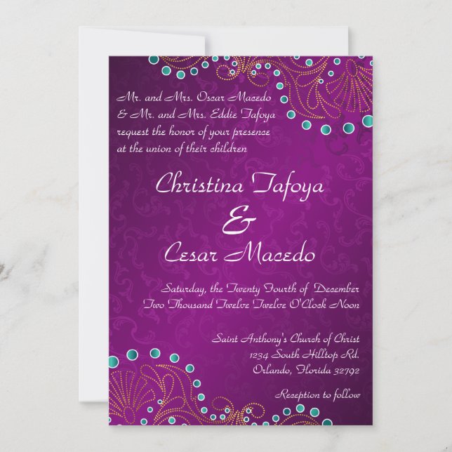 5x7 Wedding Invitation Arabian Purple Indian India (Front)
