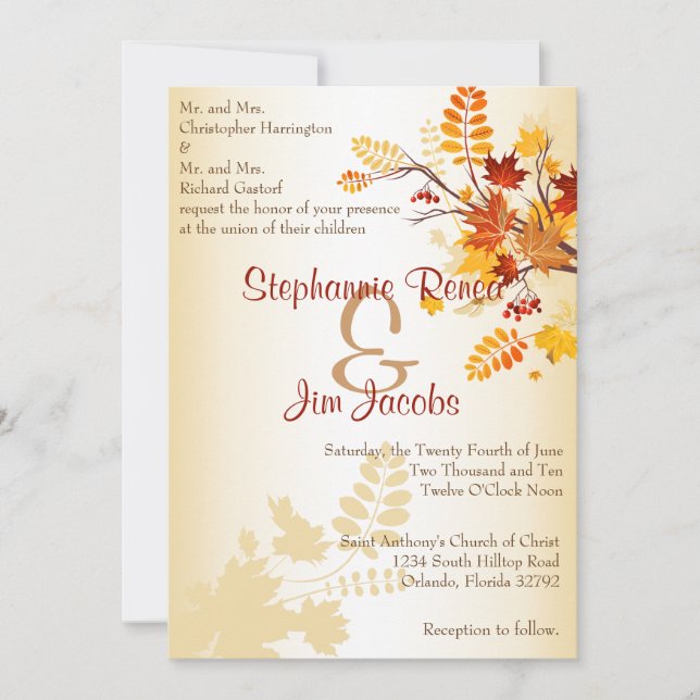 5x7 Wedding Invitation Autumn Branch Fall Leaves (Front)