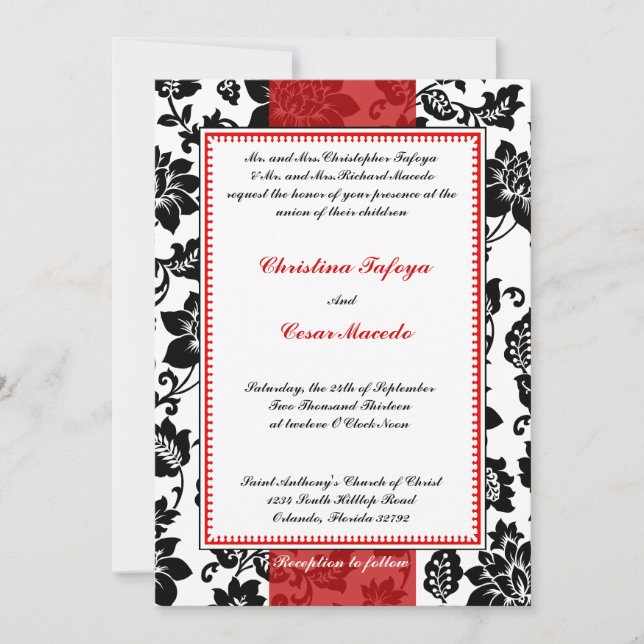 5x7 Wedding Invitation Black Flourish Red Stripe (Front)