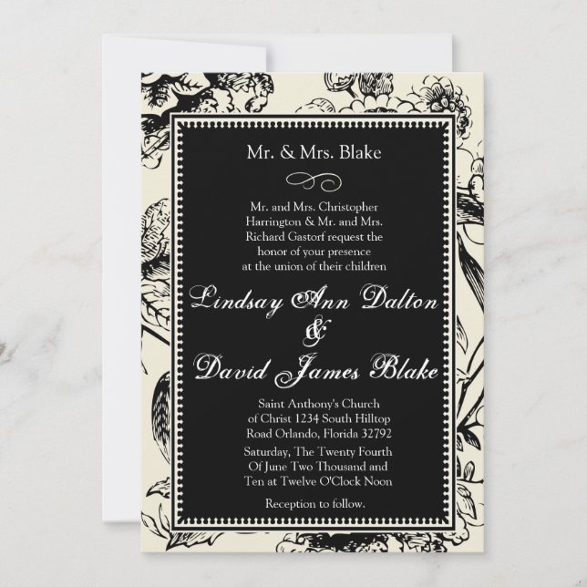 5x7 Wedding Invitation Black & White Floral Toile (Front)