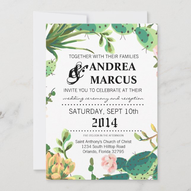 5x7 Wedding Invitation Bohemian Cactus Succulents (Front)