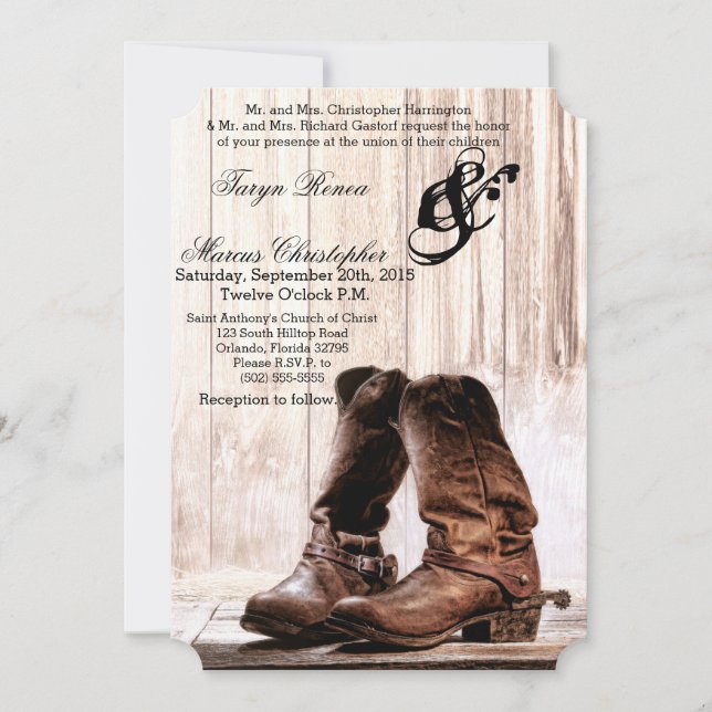 5x7 Wedding Invitation Boots Country Rustic Wester (Front)