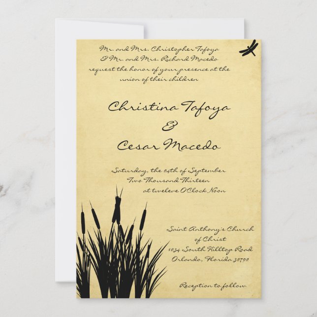 5x7 Wedding Invitation Cattail/Dragonfly Silhouett (Front)