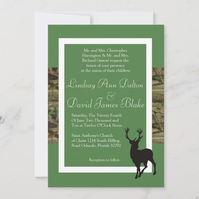 5x7 Wedding Invitation Green Deer and Camo (Front)