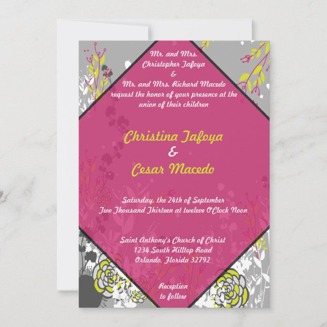 5x7 Wedding Invitation Lime Green/Hot Pink Flower (Front)